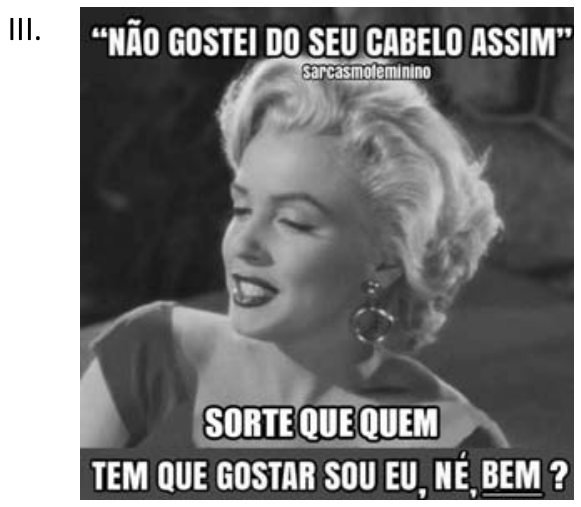 Meme identificado com o algarismo romano III à esquerda. A imagem mostra foto em preto e branco de Marilyn Monroe com olhar irônico e meio sorriso, usando brincos de argola. Na parte superior, lê-se em letras maiúsculas: “NÃO GOSTEI DO SEU CABELO ASSIM” e abaixo a inscrição “sarcasmofeminino”. Na parte inferior, sobre tarja preta, lê-se: “SORTE QUE QUEM TEM QUE GOSTAR SOU EU, NÉ, BEM ?”, com a palavra BEM sublinhada.