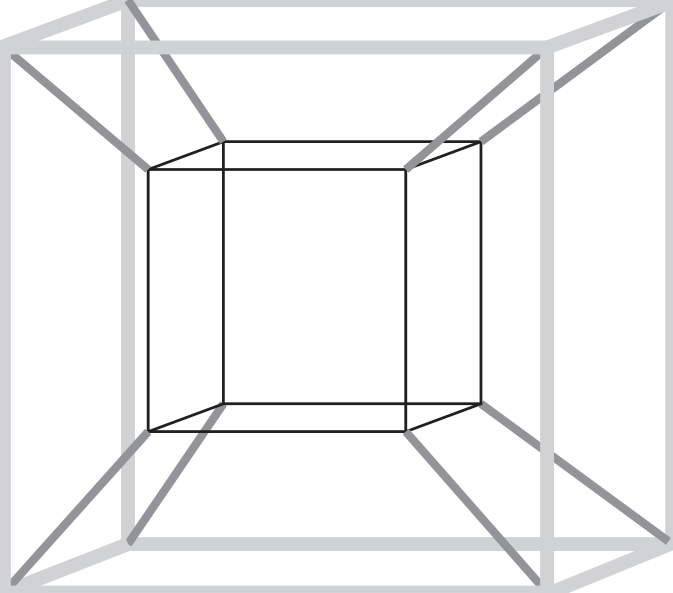 Estrutura de hastes metálicas formada por um cubo menor interno com hastes pretas, inserido dentro de um cubo maior externo com hastes cinza-claras mais grossas, onde cada um dos 8 vértices do cubo interno está ligado ao vértice correspondente do cubo externo por uma haste cinza-escura de comprimento intermediário.
