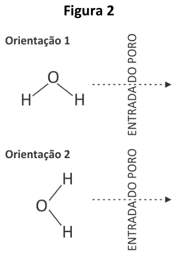 Figura 2: Duas orientações de uma molécula de água H₂O movendo-se em direção a uma linha vertical tracejada rotulada "ENTRADA DO PORO". Na Orientação 1, o átomo de oxigênio aponta para cima e os dois hidrogênios estão alinhados na base. Na Orientação 2, o átomo de oxigênio fica à esquerda e os dois hidrogênios ficam verticalmente à direita.