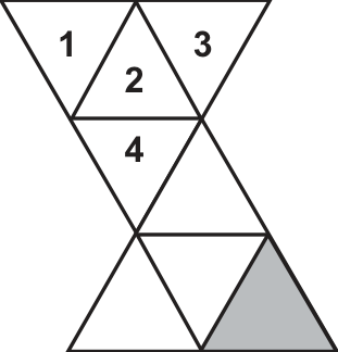 Planificação do octaedro regular composta por oito triângulos equiláteros, quatro deles numerados de 1 a 4 e um colorido em cinza escuro