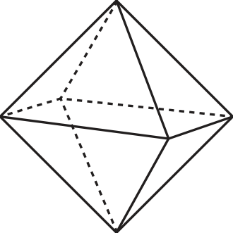 Octaedro regular em perspectiva tridimensional com arestas visíveis e ocultas tracejadas