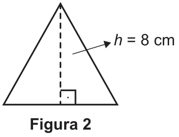 Triângulo equilátero com a altura indicada por uma linha tracejada perpendicular à base com símbolo de ângulo reto e uma seta apontando para a expressão h = 8 cm.