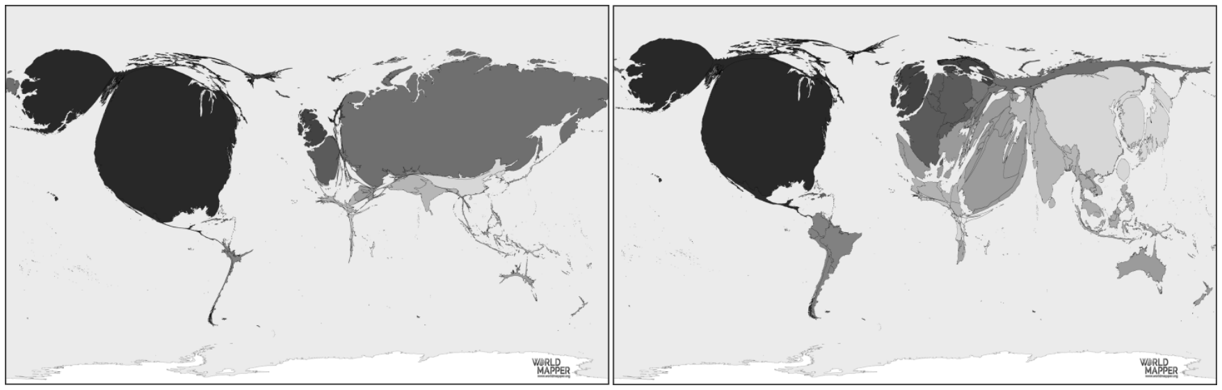 Duas anamorfoses do mapa-múndi em 2017: à esquerda, Figura I – Armas nucleares, com grande dilatação da área dos Estados Unidos e da Rússia, enquanto a maioria dos outros países se encontra extremamente reduzida; à direita, Figura II – Gastos militares, destacando-se uma enorme área para os Estados Unidos, com ampliação visível também da Europa Ocidental, Oriente Médio e Ásia Oriental/Sul da Ásia.