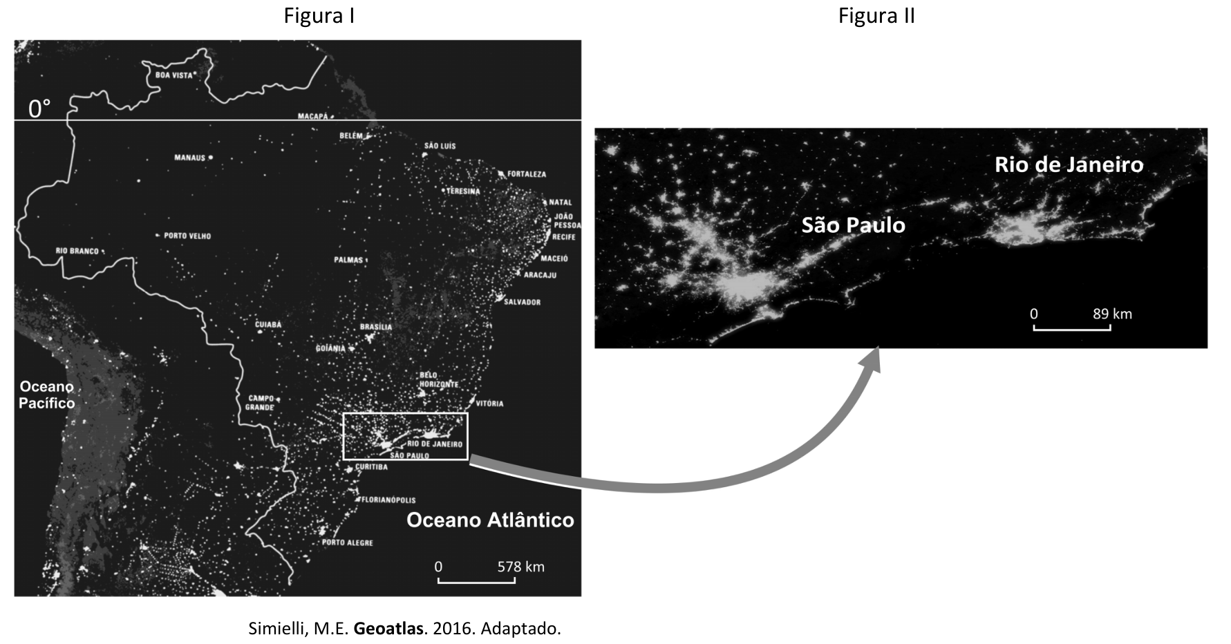 Figura I: Imagem de satélite noturna do território brasileiro destacando a distribuição de pontos e manchas de luminosidade artificial, concentrados principalmente ao longo da faixa litorânea e na Região Centro-Sul; Figura II: Ampliação em detalhe da intensa mancha luminosa urbana contínua entre as regiões metropolitanas de São Paulo e do Rio de Janeiro ao longo do Vale do Paraíba.