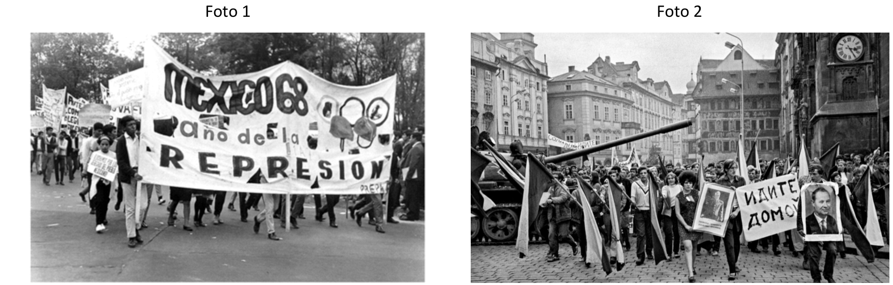 Foto 1: Manifestantes marcham segurando uma grande faixa onde se lê "MÉXICO 68 año de la REPRESIÓN", ilustrada com os aros olímpicos; Foto 2: Multidão marcha nas ruas de Praga em frente a um tanque de guerra soviético, carregando bandeiras e cartazes com retratos e mensagens em cirílico.