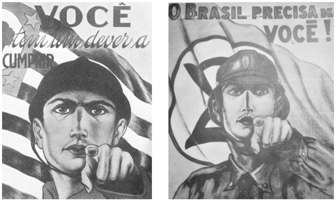Dois cartazes de propaganda política da Era Vargas: à esquerda, um soldado com capacete apontando o dedo em riste para a frente tendo ao fundo a bandeira do estado de São Paulo e o texto "VOCÊ tem um dever a CUMPRIR"; à direita, um homem fardado também apontando o dedo para a frente, tendo ao fundo a bandeira integralista com o símbolo sigma e o texto "O BRASIL PRECISA DE VOCÊ!".