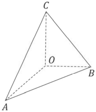 Tetraedro OABC com o vértice interno O de onde partem arestas tracejadas perpendiculares entre si até os vértices A, B e C