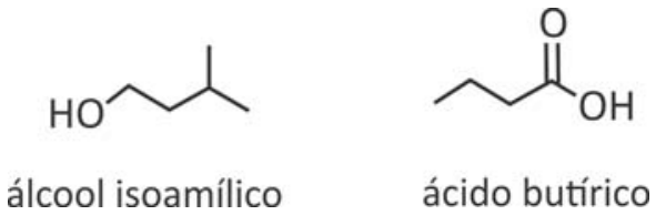 Fórmulas estruturais do álcool isoamílico e do ácido butírico
