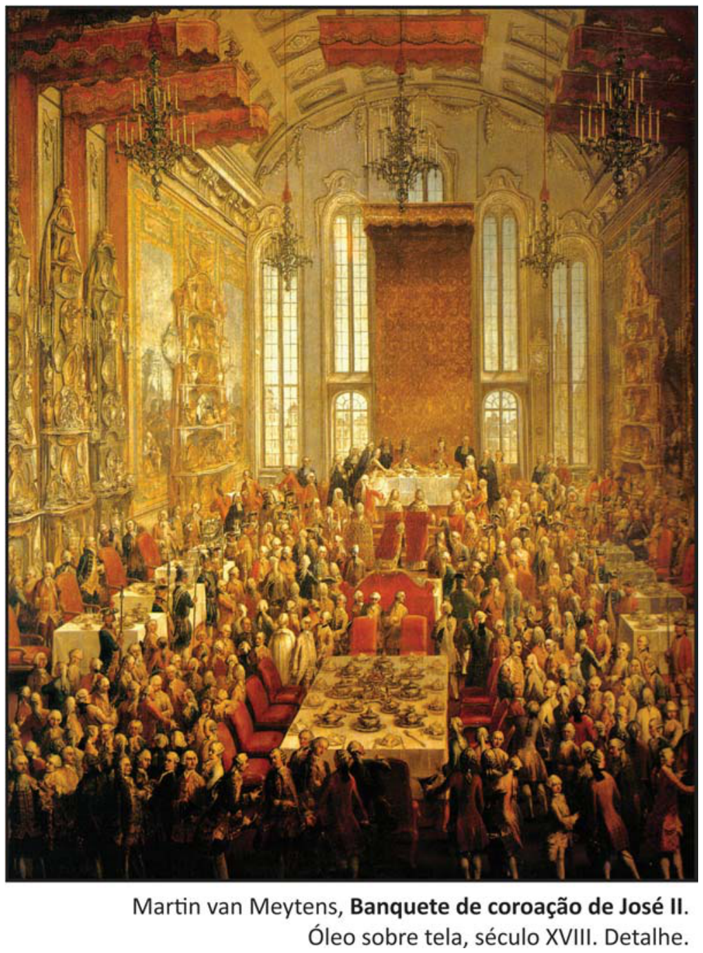 Pintura a óleo retratando o banquete de coroação de José II em um amplo e suntuoso salão palaciano com teto abobadado, lustres e paredes decoradas com pratarias e tapeçarias, repleto de nobres da corte sentados a mesas de banquete ou em pé observando o evento.