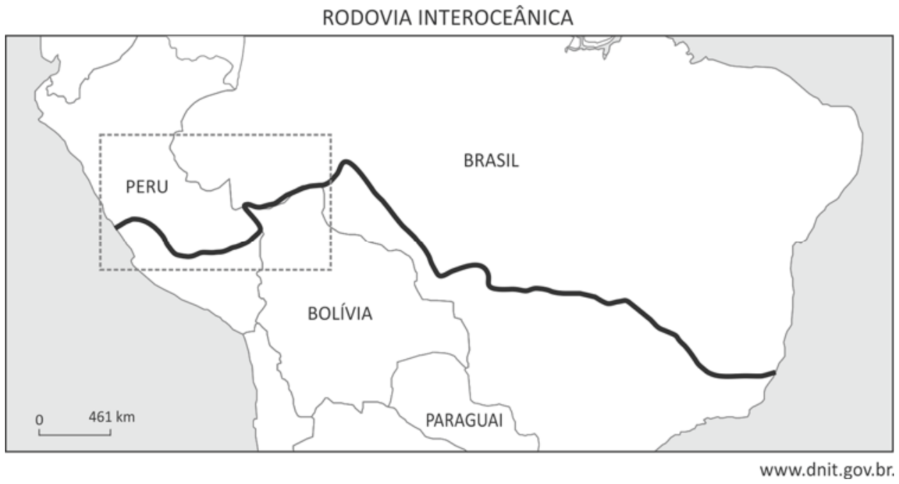 Mapa da América do Sul apresentando o traçado da Rodovia Interoceânica desde a costa brasileira até o Peru, com um retângulo tracejado destacando o trecho rodoviário no Peru e na fronteira com o Brasil.