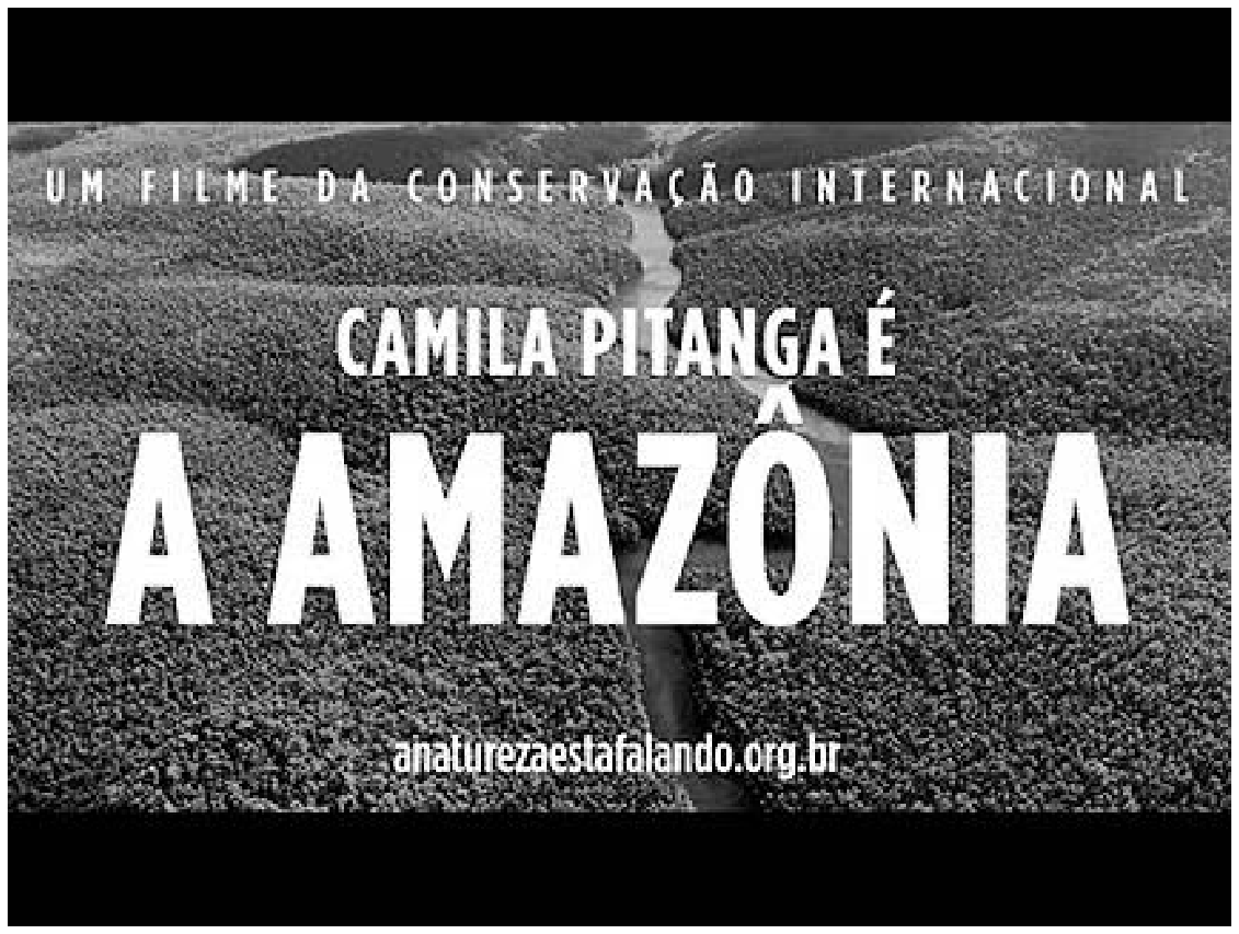 Imagem promocional do filme "A Amazônia", com vista aérea da floresta amazônica cortada por um rio e os textos sobrepostos: "UM FILME DA CONSERVAÇÃO INTERNACIONAL", "CAMILA PITANGA É A AMAZÔNIA" e "anaturezaestafalando.org.br".