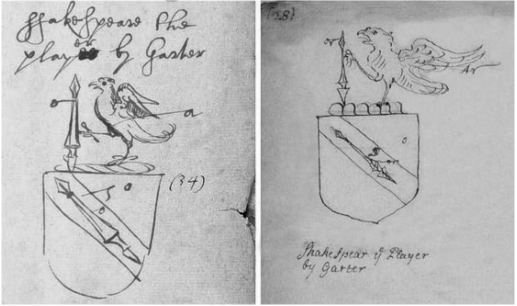 Dois esboços históricos do brasão de armas concedido à família de Shakespeare, com escudo e lança atravessada, encimado por um falcão, acompanhados de inscrições manuscritas.