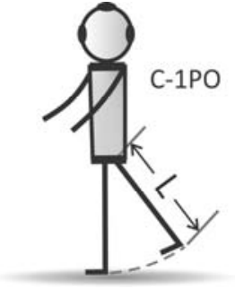 Esquema ilustrativo do robô C-1PO dando um passo, destacando a perna de comprimento L que descreve uma trajetória pendular indicada por uma linha tracejada curva.