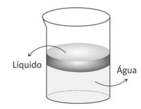 Ilustração de um recipiente cilíndrico transparente contendo água e uma camada uniforme de líquido sobre ela, com setas indicando "Líquido" para a camada superior e "Água" para a região inferior.