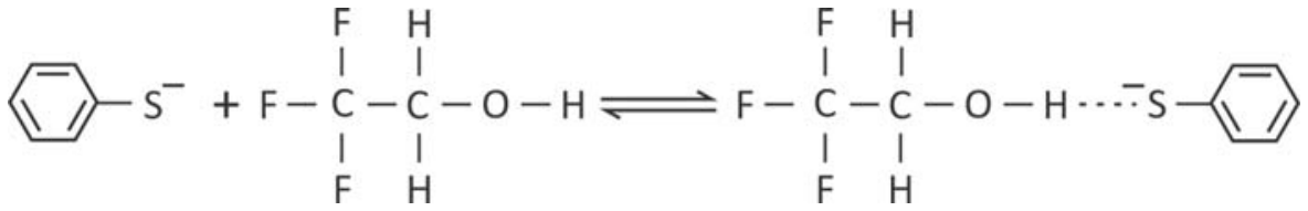 Equação química do equilíbrio entre o ânion tiofenolato e o 2,2,2-trifluoroetanol formando um aduto com ligação de hidrogênio