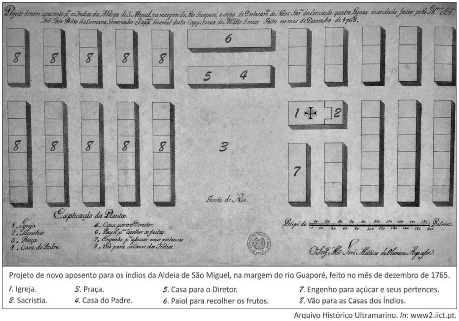 F1 Planta do 'Projeto de novo aposento para os índios da Aldeia de São Miguel, na margem do rio Guaporé, feito no mês de dezembro de 1765', mostrando uma organização ortogonal e geométrica com praça central, igreja, sacristia, casa do padre, casa para o diretor, paiol, engenho e blocos regulares de habitações indígenas.