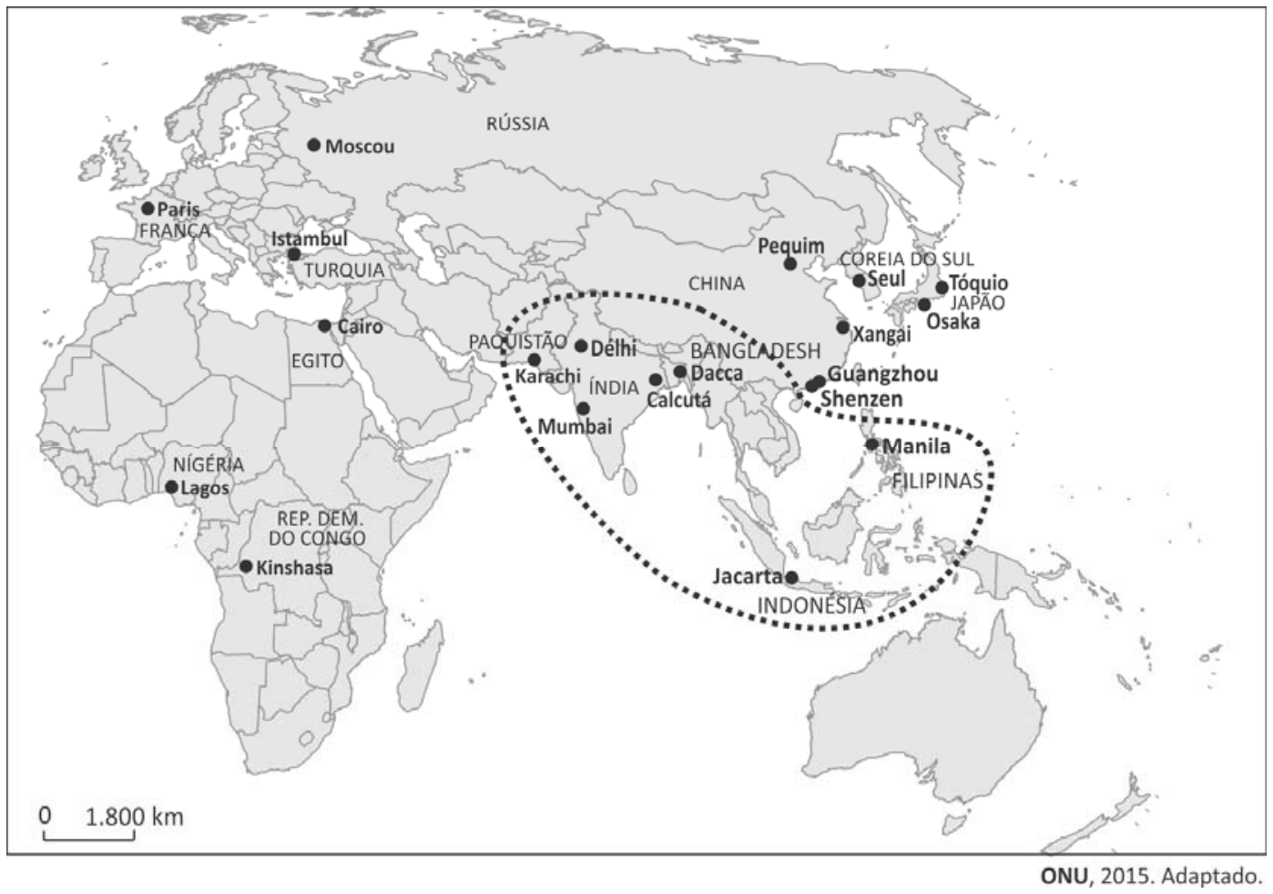 Mapa múndi destacando com linha pontilhada a área do Sul e Sudeste Asiático, contendo as cidades de Karachi, Délhi, Mumbai, Calcutá, Dacca, Jacarta e Manila, além de outras metrópoles globais indicadas fora da área.