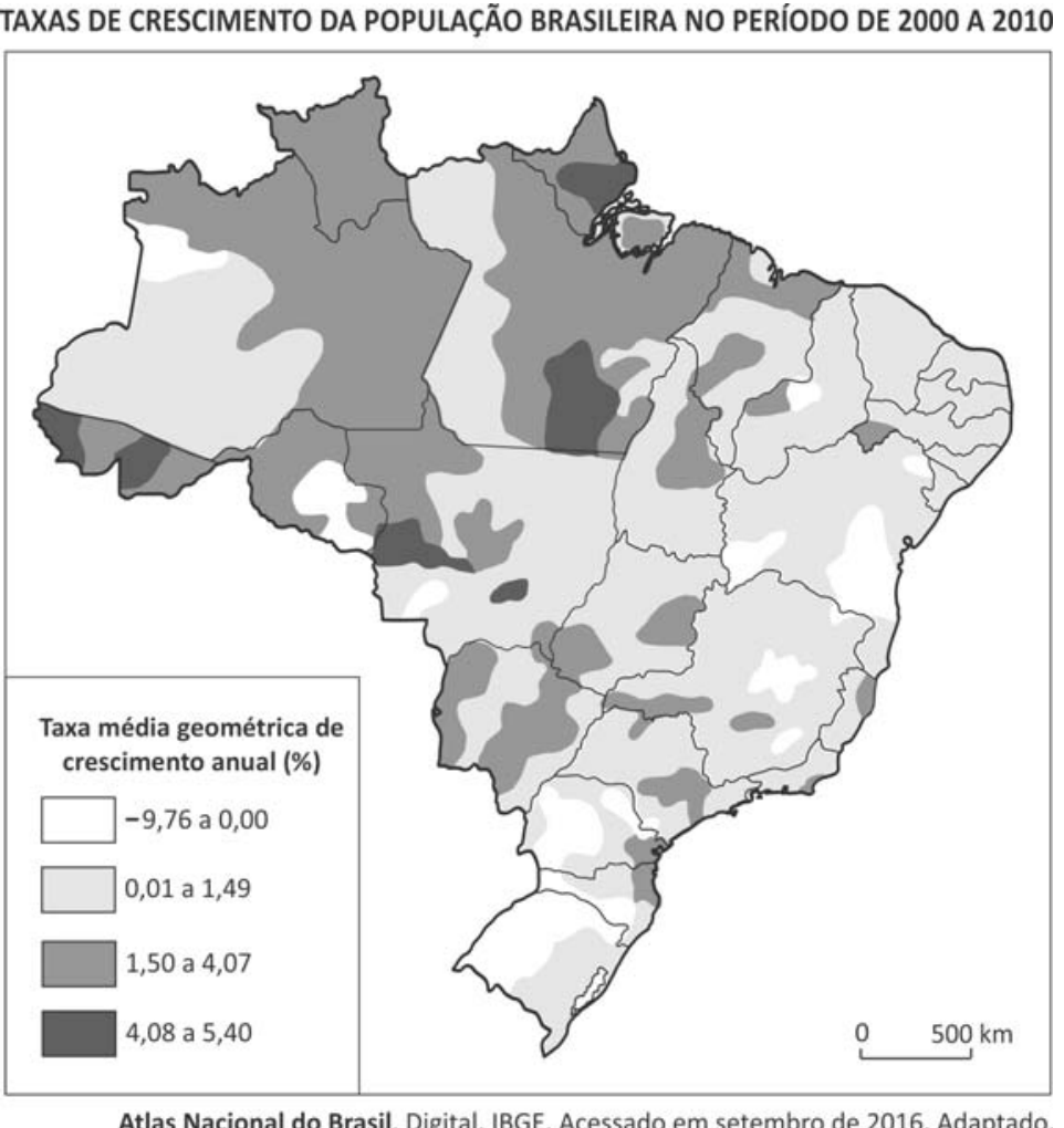 Mapa do Brasil intitulado "TAXAS DE CRESCIMENTO DA POPULAÇÃO BRASILEIRA NO PERÍODO DE 2000 A 2010", indicando a taxa média geométrica de crescimento anual em porcentagem dividida em quatro faixas: -9,76 a 0,00; 0,01 a 1,49; 1,50 a 4,07; e 4,08 a 5,40. As maiores taxas concentram-se principalmente em porções das regiões Norte e Centro-Oeste.