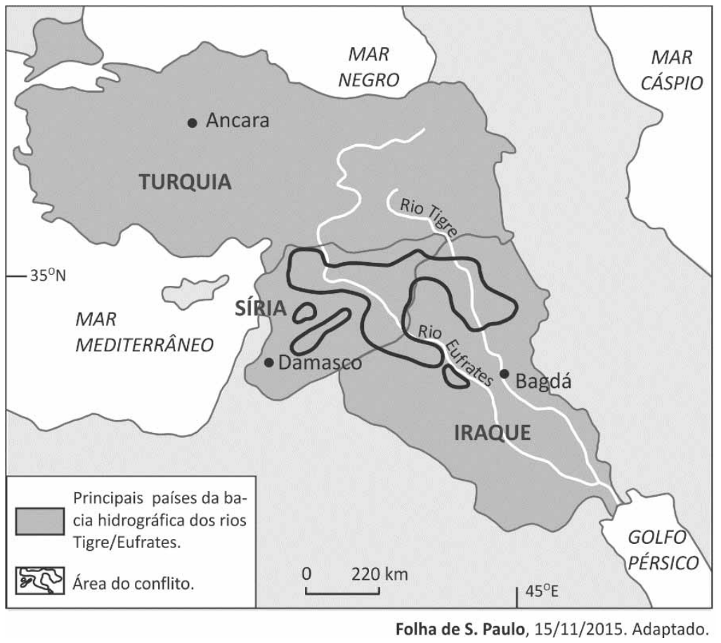 Mapa da bacia hidrográfica dos rios Tigre e Eufrates destacando os territórios da Turquia, Síria e Iraque, com delimitação da área de conflito que se estende por partes da Síria e do Iraque.