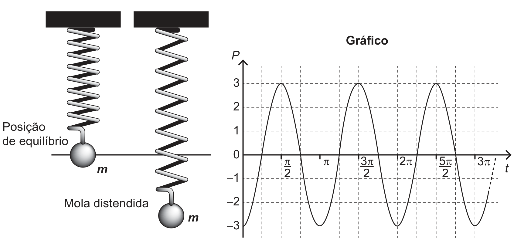 F1 À esquerda, duas molas verticais presas a suportes, cada uma com uma massa m na extremidade inferior. A primeira massa está sobre uma linha horizontal identificada como “Posição de equilíbrio”; a segunda está abaixo dessa linha, com a identificação “Mola distendida”. À direita, gráfico intitulado “Gráfico”, com eixo vertical P e eixo horizontal t. O eixo P apresenta valores de −3 a 3, de uma em uma unidade; o eixo t apresenta as marcações π/2, π, 3π/2, 2π, 5π/2 e 3π. A curva periódica inicia em P = −3 quando t = 0, atinge máximos P = 3 em t = π/2, 3π/2 e 5π/2 e mínimos P = −3 em t = π, 2π e 3π. Há linhas tracejadas de grade e uma continuação tracejada da curva após 3π.