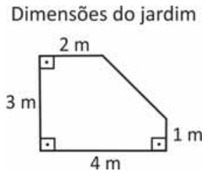 Dimensões do jardim: terreno pentagonal com base horizontal de 4 m, lado esquerdo vertical de 3 m, lado superior horizontal de 2 m e lado direito vertical de 1 m. Um segmento inclinado liga a extremidade direita do lado superior ao topo do lado direito. Há marcações de ângulo reto nos vértices superior esquerdo, inferior esquerdo e inferior direito.