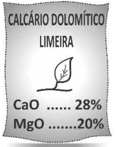 Pacote com o rótulo “CALCÁRIO DOLOMÍTICO”, “LIMEIRA”, o desenho de uma folha e as indicações “CaO ...... 28%” e “MgO ........20%”.