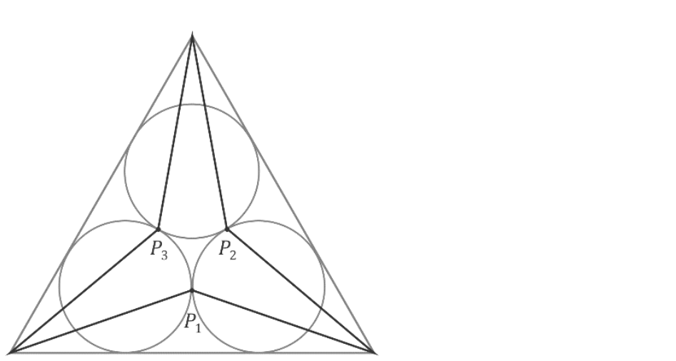 F1 Três circunferências tangentes entre si circunscritas por um triângulo equilátero, com segmentos ligando os vértices do triângulo aos pontos de tangência internos P1, P2 e P3, formando uma figura estrelada não convexa de seis lados.