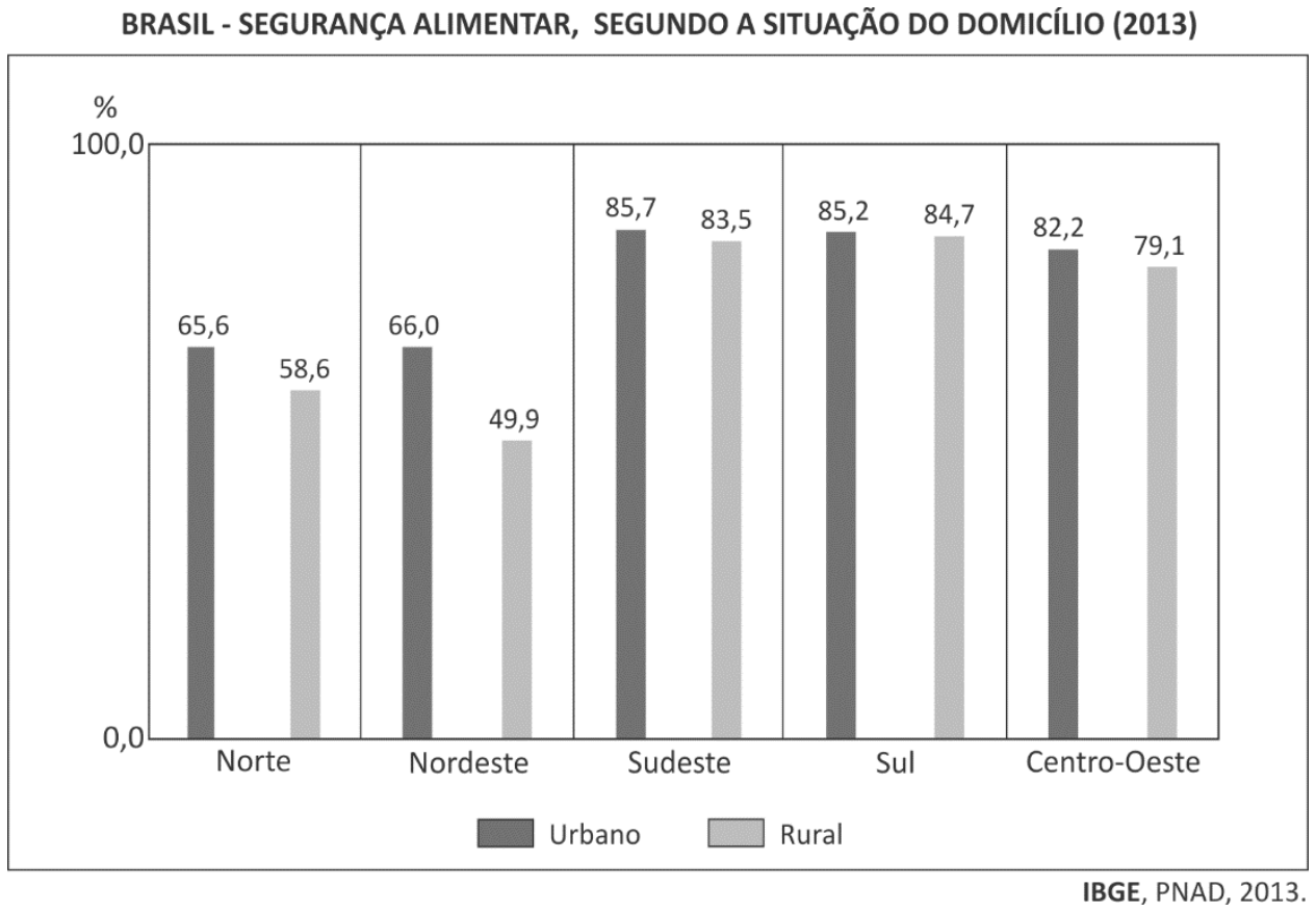 Gráfico de barras verticais intitulado "BRASIL - SEGURANÇA ALIMENTAR, SEGUNDO A SITUAÇÃO DO DOMICÍLIO (2013)", indicando a porcentagem de segurança alimentar nas situações urbana e rural pelas grandes regiões: Norte (65,6% urbano e 58,6% rural), Nordeste (66,0% urbano e 49,9% rural), Sudeste (85,7% urbano e 83,5% rural), Sul (85,2% urbano e 84,7% rural) e Centro-Oeste (82,2% urbano e 79,1% rural). Fonte: IBGE, PNAD, 2013.