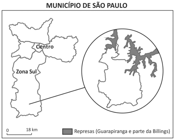 F1 Mapa intitulado “MUNICÍPIO DE SÃO PAULO”, com o contorno do município e as indicações “Centro” e “Zona Sul”. Uma linha liga o extremo sul a uma ampliação circular, que mostra as represas em cinza. A legenda identifica “Represas (Guarapiranga e parte da Billings)”. A escala gráfica vai de 0 a 18 km.