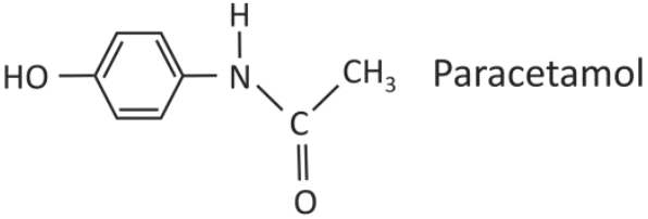 Fórmula estrutural do paracetamol: anel benzênico com os grupos HO– e –NH–C(=O)–CH₃ em posições para. À direita da estrutura está escrito “Paracetamol”.