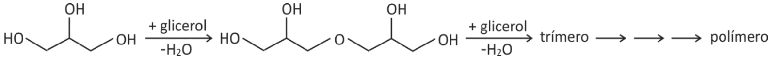 Esquema da polimerização do glicerol: uma molécula de glicerol reage com outra molécula de glicerol com eliminação de água formando um dímero com ligação éter; a adição de mais glicerol com perda de água forma um trímero, que segue reagindo sucessivamente até a formação do polímero.