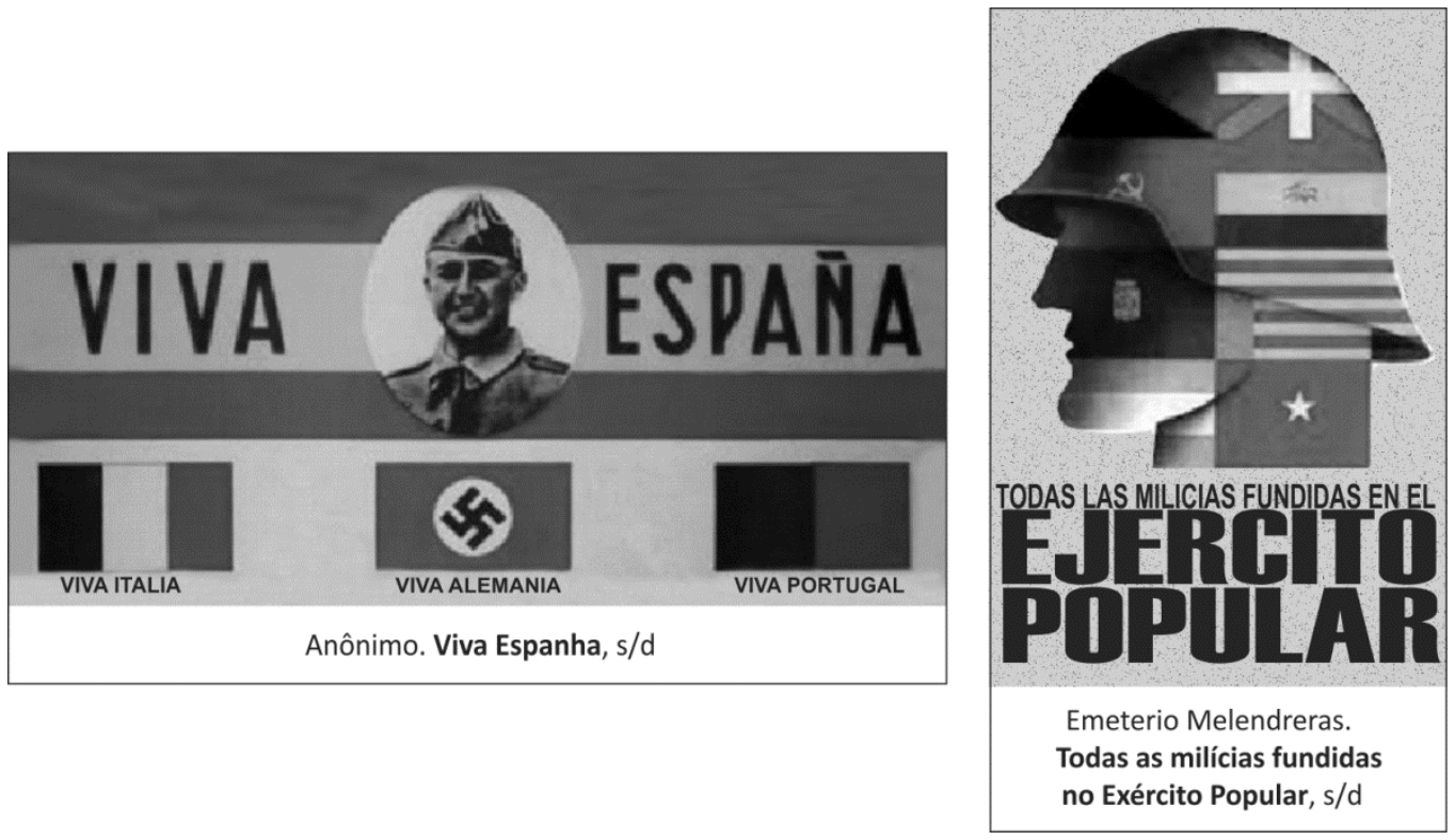 Dois cartazes da Guerra Civil Espanhola. À esquerda, cartaz nacionalista com os dizeres "VIVA ESPAÑA", a fotografia do general Francisco Franco e as bandeiras da Itália fascista, Alemanha nazista e Portugal do Estado Novo, com a legenda "Anônimo. Viva Espanha, s/d". À direita, cartaz republicano com o perfil de um soldado de capacete decorado com bandeiras e símbolos de diversos países e organizações, sobre o texto "TODAS LAS MILICIAS FUNDIDAS EN EL EJERCITO POPULAR", com a legenda "Emeterio Melendreras. Todas as milícias fundidas no Exército Popular, s/d".
