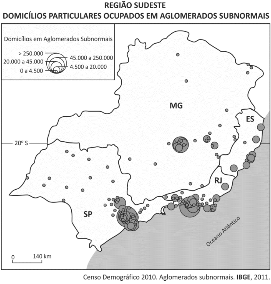 F2 Mapa intitulado “REGIÃO SUDESTE — DOMICÍLIOS PARTICULARES OCUPADOS EM AGLOMERADOS SUBNORMAIS”, com os limites dos estados identificados pelas siglas MG, ES, RJ e SP. Círculos de tamanhos proporcionais representam os domicílios em aglomerados subnormais, com maior concentração nas áreas de São Paulo, Rio de Janeiro, Belo Horizonte e no litoral do Espírito Santo. A legenda “Domicílios em Aglomerados Subnormais” apresenta as classes: 0 a 4.500; 4.500 a 20.000; 20.000 a 45.000; 45.000 a 250.000; > 250.000. Estão indicados o paralelo 20° S, o Oceano Atlântico e uma escala de 0 a 140 km. Crédito: “Censo Demográfico 2010. Aglomerados subnormais. IBGE, 2011.”