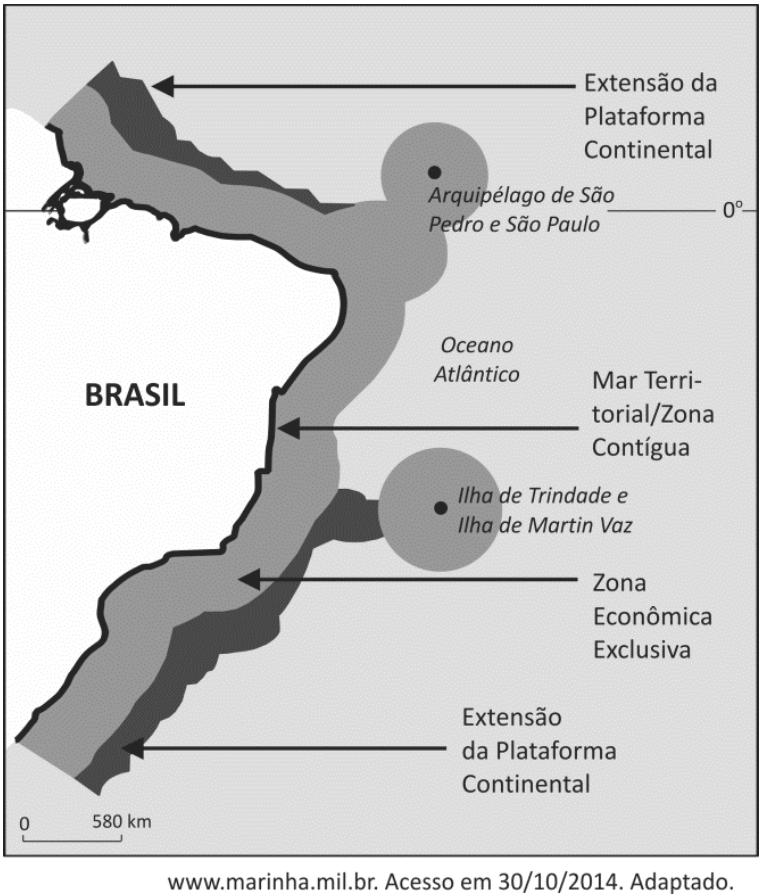 Mapa do litoral do Brasil e de suas áreas marítimas no Oceano Atlântico. Faixas em diferentes tons de cinza acompanham a costa. Setas indicam “Mar Territorial/Zona Contígua”, “Zona Econômica Exclusiva” e “Extensão da Plataforma Continental”, esta última indicada nas porções norte e sul do mapa. Círculos no oceano delimitam áreas em torno do “Arquipélago de São Pedro e São Paulo” e da “Ilha de Trindade e Ilha de Martin Vaz”, assinalados por pontos. Uma linha horizontal marca a latitude de 0°. Estão presentes os rótulos “BRASIL” e “Oceano Atlântico” e uma escala gráfica de 0 a 580 km. Abaixo do mapa, consta: “www.marinha.mil.br. Acesso em 30/10/2014. Adaptado.”