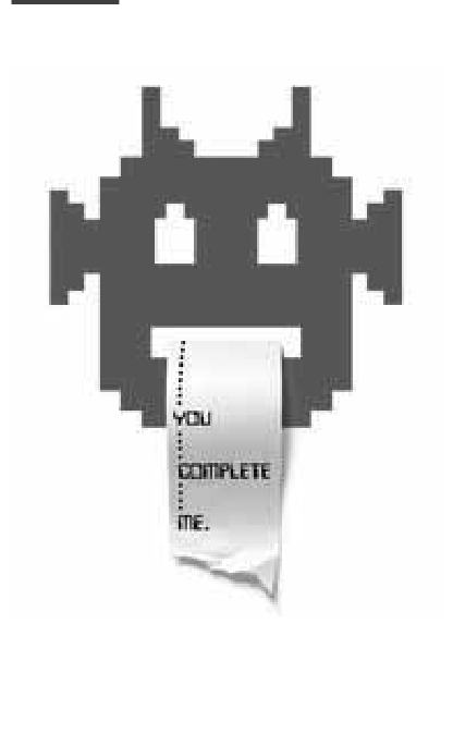Ilustração em arte pixelada representando a cabeça de um robô da qual sai um recibo de papel impresso com a frase 'YOU COMPLETE ME.'