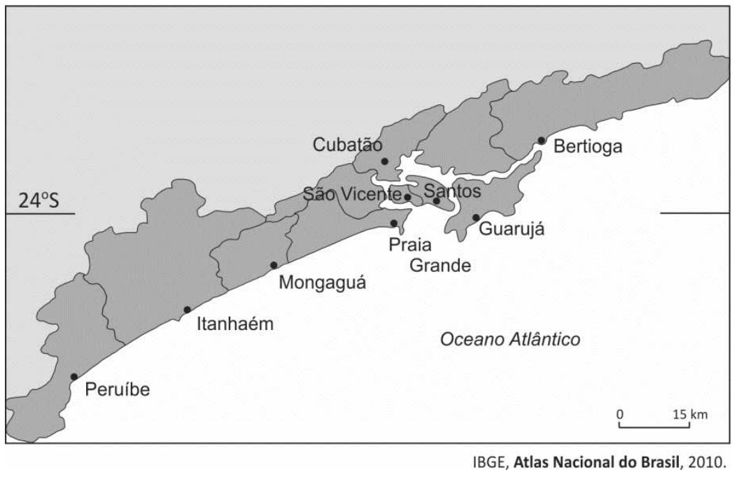 Mapa da Região Metropolitana da Baixada Santista / Litoral Sul Paulista, mostrando a faixa litorânea do Oceano Atlântico e os municípios de Peruíbe, Itanhaém, Mongaguá, Praia Grande, São Vicente, Cubatão, Santos e Bertioga, com indicação do paralelo de 24° S e escala de 0 a 15 km.