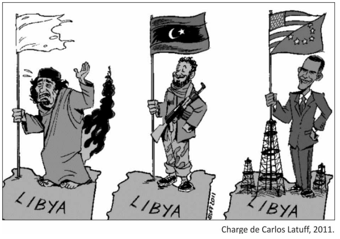 Charge dividida em três quadros, todos sobre o território da Líbia (com a inscrição "LIBYA"): à esquerda, Muammar al-Gaddafi assustado e suando, segurando uma bandeira branca esfarrapada enquanto fumaça sobe atrás dele; ao centro, um rebelde armado sorridente segurando a bandeira líbia com o crescente e a estrela; à direita, o presidente norte-americano Barack Obama sorrindo de terno, segurando uma bandeira combinando as dos Estados Unidos e da União Europeia fincada sobre uma torre de perfuração de petróleo, cercado por outras torres petrolíferas.