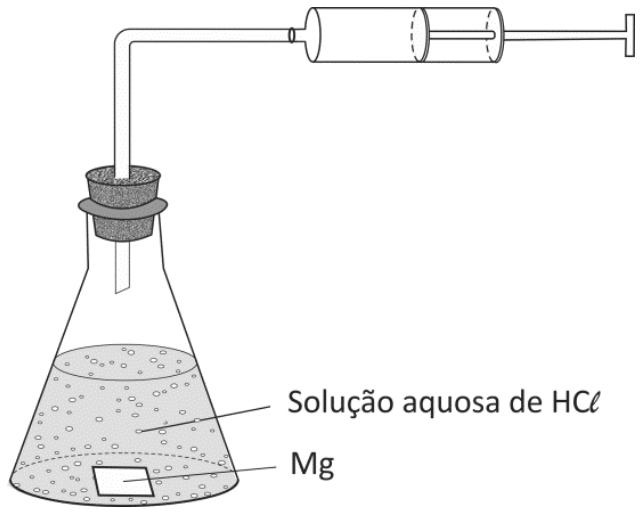 Esquema da aparelhagem: erlenmeyer fechado com rolha contendo tubo que se conecta a uma seringa com êmbolo. Dentro do frasco, há solução aquosa de HCl e uma chapa de magnésio (Mg).