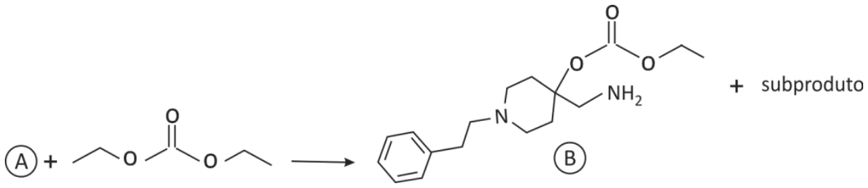 Esquema de reação mostrando o composto Ⓐ reagindo com carbonato de dietila para produzir o intermediário Ⓑ e subproduto.