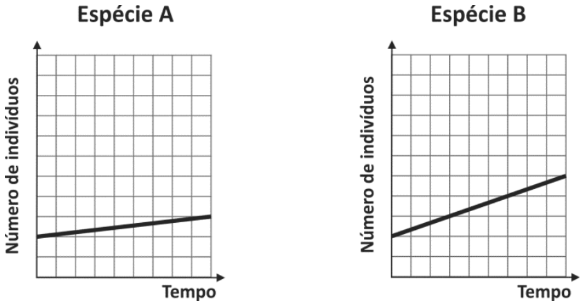 Gráficos de crescimento populacional em função do tempo para as espécies A e B vivendo separadamente. Em ambos os gráficos, o eixo vertical representa o "Número de indivíduos" e o eixo horizontal representa o "Tempo", sobre uma malha quadriculada. Para a Espécie A, a reta de crescimento inicia no segundo nível do eixo vertical e apresenta uma inclinação levemente positiva. Para a Espécie B, a reta também se inicia no segundo nível do eixo vertical, mas apresenta uma inclinação positiva mais acentuada.