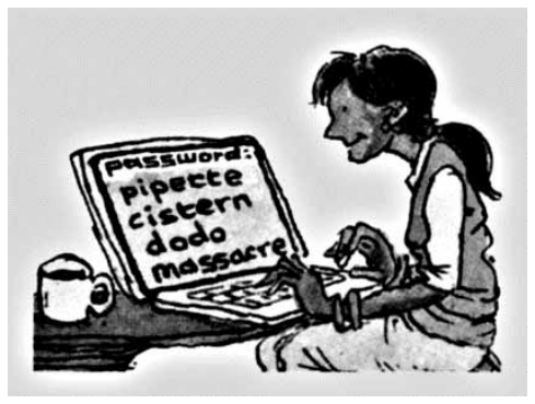 Ilustração de uma mulher digitando em um notebook, em cuja tela lê-se "password: pipette cistern dodo massacre", com uma xícara de café ao lado.