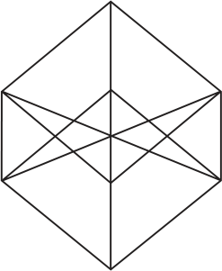 F2 Projeção ortogonal em formato hexagonal contendo segmentos que interligam vértices e um eixo vertical central com linhas cruzadas.