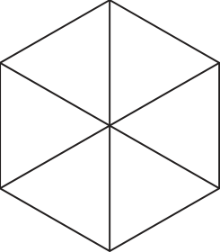 F4 Projeção ortogonal em formato de hexágono regular dividido em seis triângulos por três segmentos que passam pelo centro.
