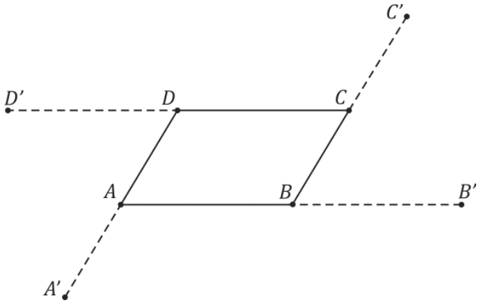 Paralelogramo ABCD, com A no vértice inferior esquerdo, B no inferior direito, C no superior direito e D no superior esquerdo. Os lados são prolongados por segmentos tracejados: DA além de A até A', AB além de B até B', BC além de C até C' e CD além de D até D'.