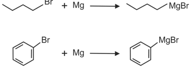 Esquema com duas equações químicas: na primeira, 1-bromobutano reage com magnésio metálico gerando brometo de butilmagnésio; na segunda, bromobenzeno reage com magnésio metálico gerando brometo de fenilmagnésio.