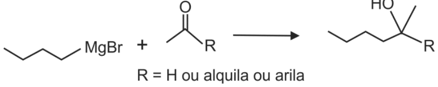 Esquema reacional mostrando a reação do brometo de butilmagnésio com um composto carbonílico de estrutura CH3C(=O)R, resultando em um álcool com o grupo butila ligado ao carbono que porta a hidroxila, uma metila e o grupo R, acompanhado da legenda: "R = H ou alquila ou arila".