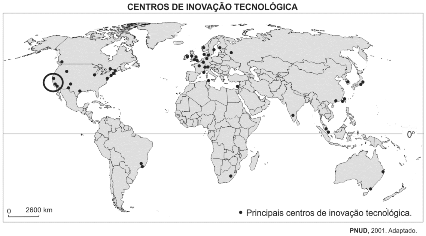 F1 Mapa-múndi intitulado "CENTROS DE INOVAÇÃO TECNOLÓGICA", indicando a distribuição global dos principais centros de inovação tecnológica por meio de pontos pretos, com um círculo preto de destaque abrangendo a porção sudoeste dos Estados Unidos.