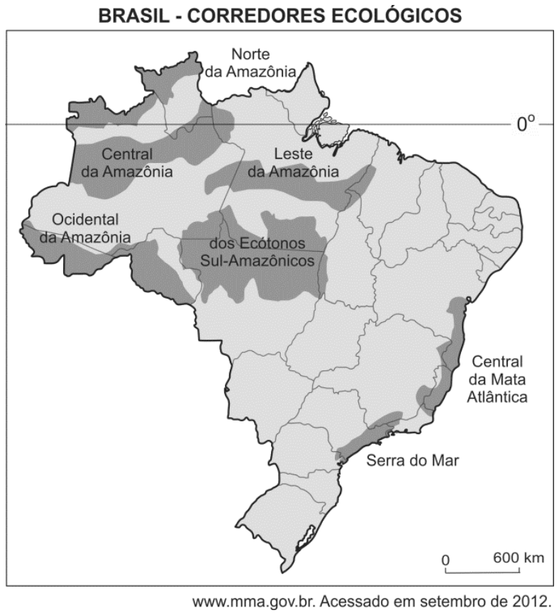 Mapa do Brasil com a delimitação dos corredores ecológicos: Norte da Amazônia, Central da Amazônia, Leste da Amazônia, Ocidental da Amazônia, dos Ecótonos Sul-Amazônicos, Serra do Mar e Central da Mata Atlântica.