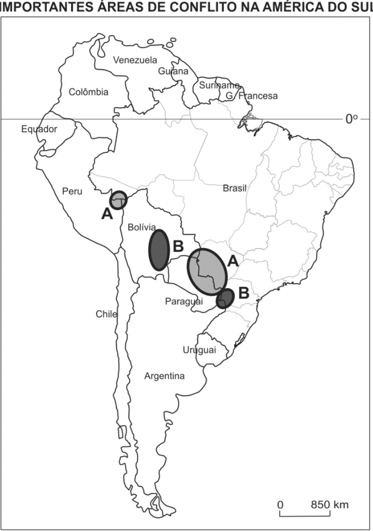Mapa da América do Sul intitulado "IMPORTANTES ÁREAS DE CONFLITO NA AMÉRICA DO SUL", destacando áreas de conflito assinaladas com as letras A e B: as áreas A situam-se na região fronteiriça entre o Peru e a Bolívia (ao redor do Lago Titicaca) e na fronteira entre o Brasil e o Paraguai; as áreas B localizam-se na porção oriental da Bolívia (região de Santa Cruz) e na fronteira sul entre Paraguai e Brasil.