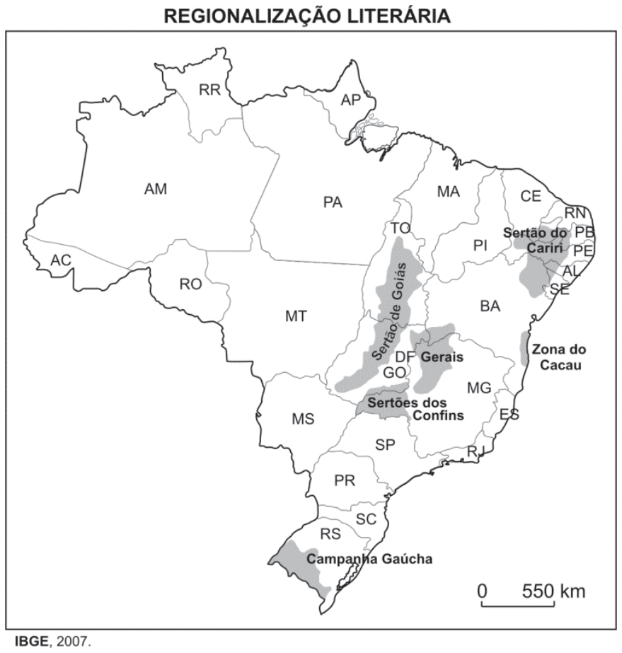 Mapa do Brasil intitulado Regionalização Literária com áreas destacadas em cinza: Sertão do Cariri, Zona do Cacau, Sertão de Goiás, Gerais, Sertões dos Confins e Campanha Gaúcha.